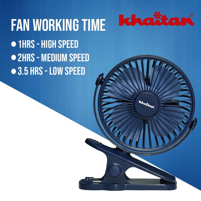 Khaitan Chotu Mini USB Charging Fan 100mm | Multi-Clip Function | Rechargeable Battery | 5-Hr Back-up | Silent Operation | Portable | Blue - Image 5