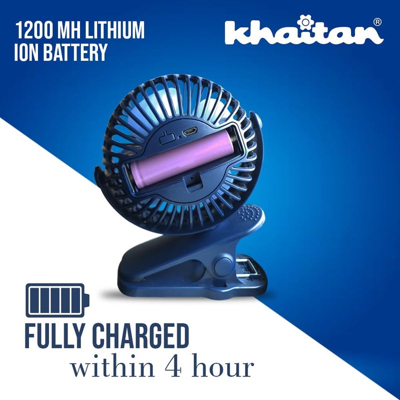Khaitan Chotu Mini USB Charging Fan 100mm | Multi-Clip Function | Rechargeable Battery | 5-Hr Back-up | Silent Operation | Portable | Blue - Image 3