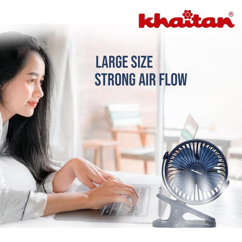 Khaitan Chotu Mini USB Charging Fan 100mm | Multi-Clip Function | Rechargeable Battery | 5-Hr Back-up | Silent Operation | Portable | Blue - Image 2