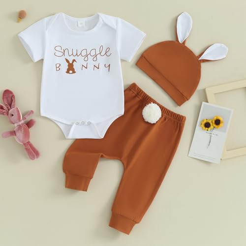 Karuedoo Newborn Baby Boy Easter Outfit Letter Print Short Sleeve Romper Pompom Tail Long Pants with Hat 3Pcs Clothes Set(A-White, 3-6 Months) - Image 2