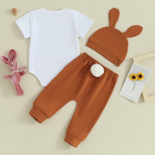 Karuedoo Newborn Baby Boy Easter Outfit Letter Print Short Sleeve Romper Pompom Tail Long Pants with Hat 3Pcs Clothes Set(A-White, 3-6 Months) - Image 3