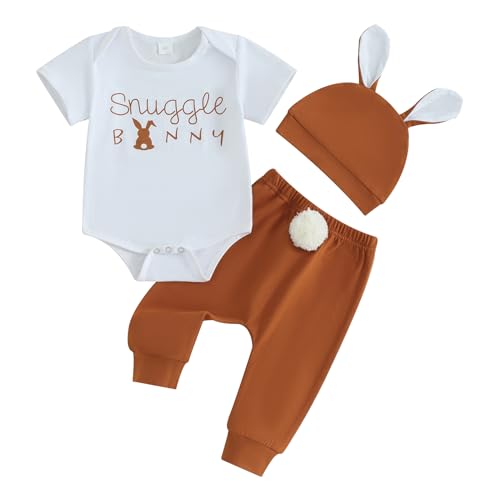 Karuedoo Newborn Baby Boy Easter Outfit Letter Print Short Sleeve Romper Pompom Tail Long Pants with Hat 3Pcs Clothes Set(A-White, 3-6 Months) - Image 1