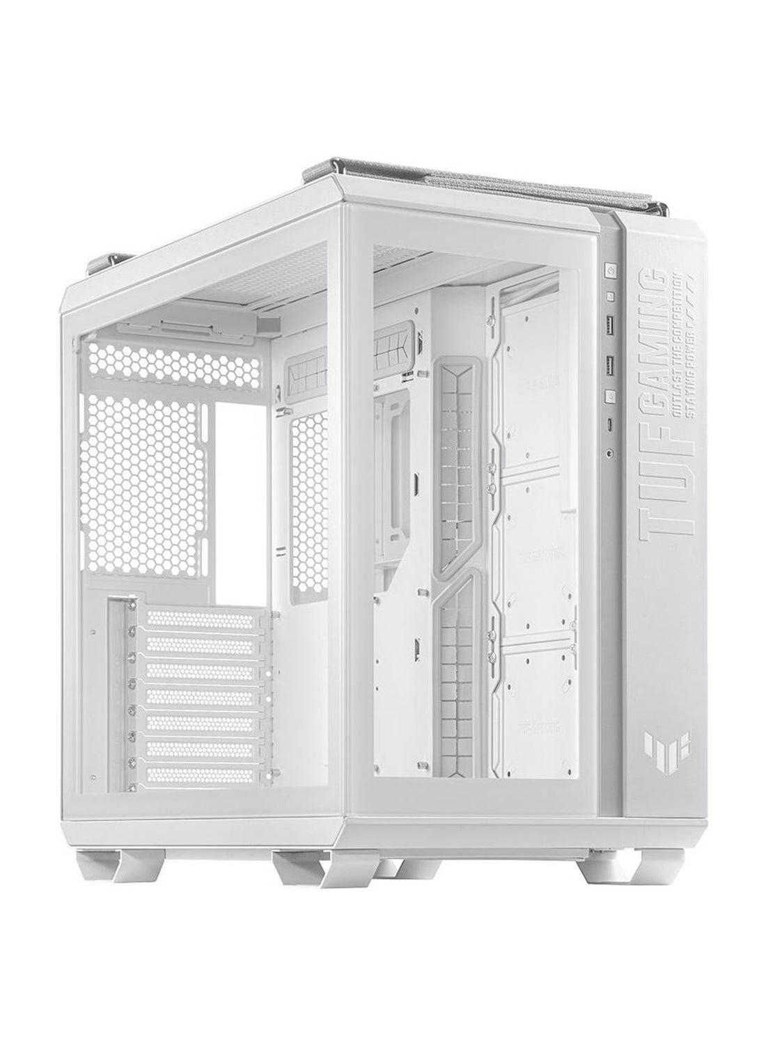 TUF Gaming GT502 Horizon White Mid Tower PC Case – ATX/Micro-ATX/Mini-ITX Compatibility, 4x 2.5"/3.5" Combo Bays, 8 Expansion Slots (3 Vertical), USB 3.2 Gen 1 & Gen 2x2 Type-C, Front/Left Tempered Glass, Advanced Radiator & Cooling Support (360mm/140mm), Max CPU Cooler Height 163mm, Max GPU Length 400mm, Removable Dust Filters, 90DC0090-B19021 White