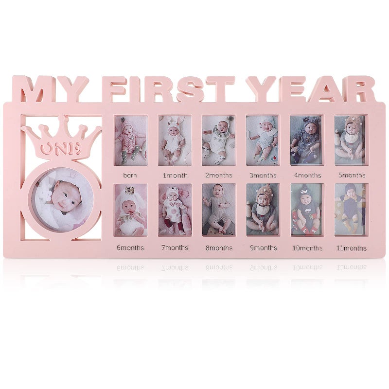Unittype Unittype My First Year Baby Picture Frame Newborn Babys First Twelve Months Photo Collage12 Month Milestone Keepsake Frame for Photo Memories Baby 1st Birthday Mothers Day GiftPink 