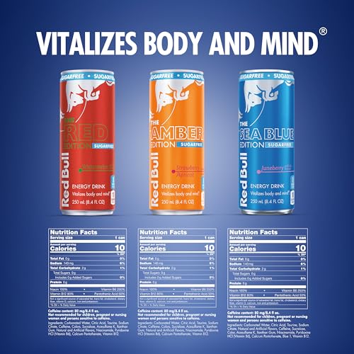 Red Bull Sugar-Free Energy Drink Variety Pack, Energy Drink, Red, Amber, & Sea Blue with 80mg Caffeine plus Taurine & B Vitamins, 8.4 Fl Oz, Pack of 12 Cans - Image 2
