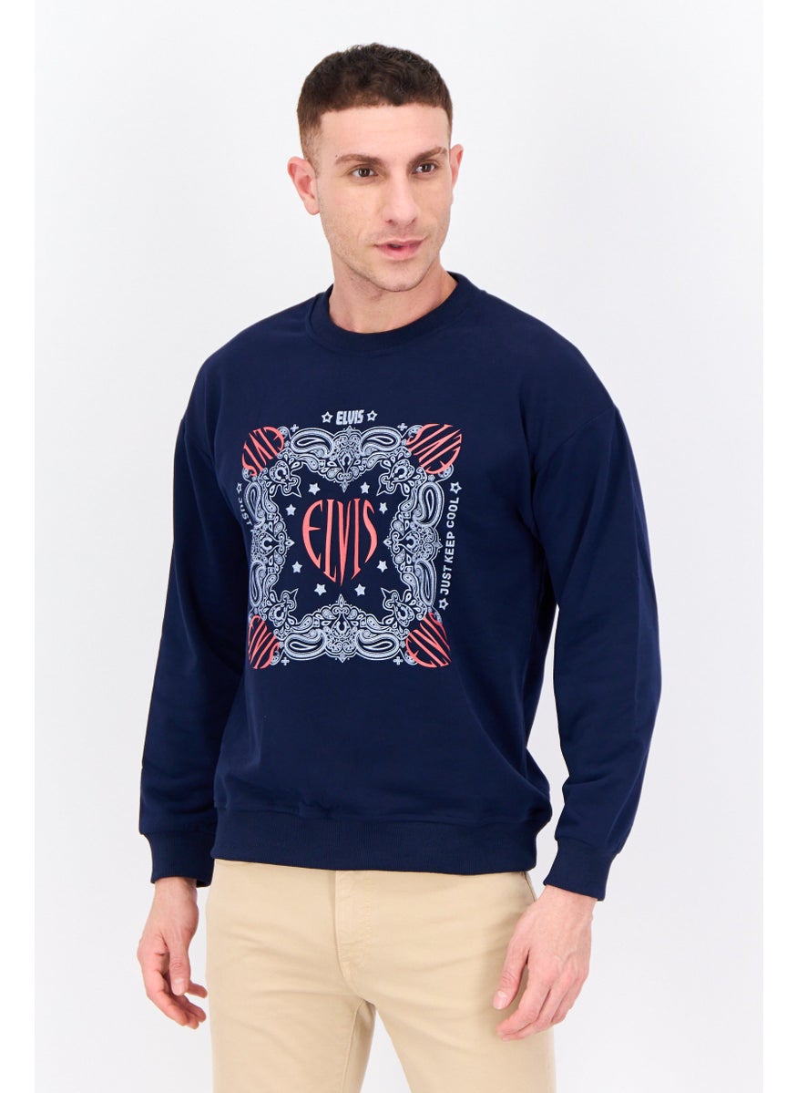 ELVIS Men Crew Neck Long Sleeves Graphic Printed Sweatshirt, Navy Combo  - Image 1