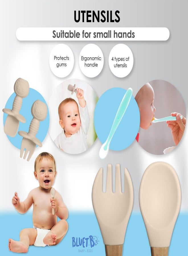 Bluet B- Silicone Baby Feeding Set with Pacifier - Baby Led Weaning Supplies - Baby Spoons, Suction Bowl - Plate - Baby Utensils Set - Silicone Feeding Set for Baby First Foods - 11pcs - Beige - Image 4
