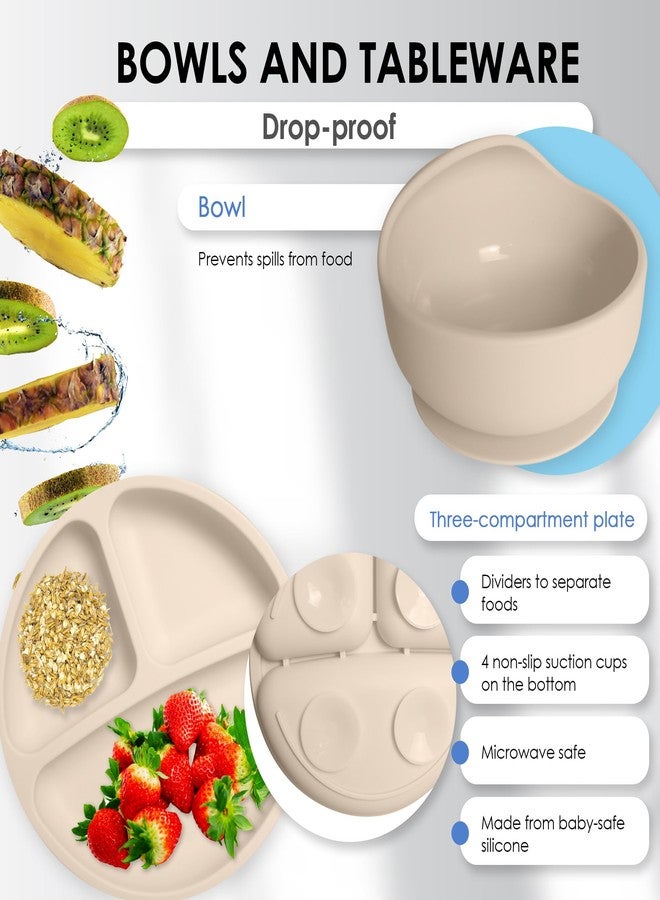 Bluet B- Silicone Baby Feeding Set with Pacifier - Baby Led Weaning Supplies - Baby Spoons, Suction Bowl - Plate - Baby Utensils Set - Silicone Feeding Set for Baby First Foods - 11pcs - Beige - Image 3