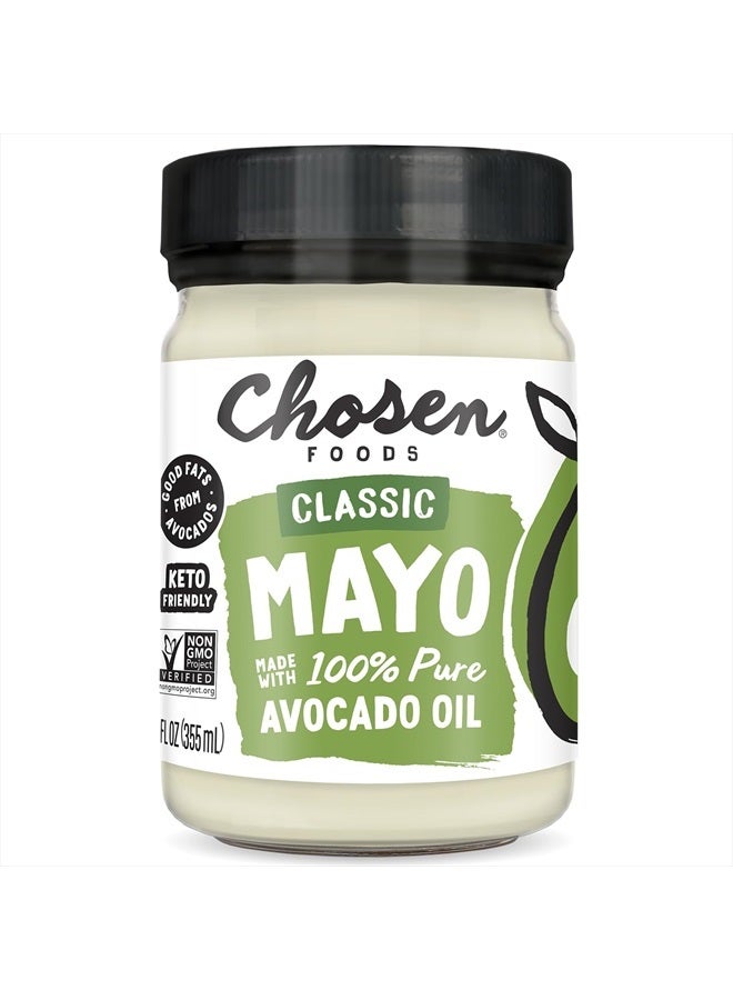 Chosen FOODS مايونيز كلاسيكي قائم على زيت الأفوكادو 100%، خالي من الغلوتين والألبان، منخفض الكربوهيدرات، مناسب لنظام كيتو و باليو، مايونيز للسندويشات، الصلصات والتتبيلات، مصنوع من بيض خالي من الأقفاص (12 أونصة سائلة) - Image 1