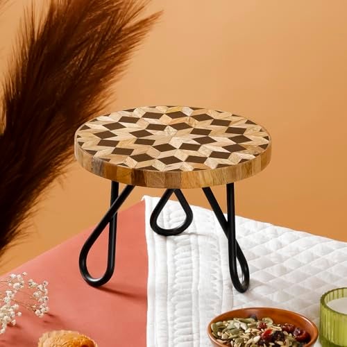 Casa Decor CASADECOR Wooden Vintage Affair Decorative Pizza Pastry Cake Stand Pack of 1 (Golden, Diameter-8 Inch) - Image 4