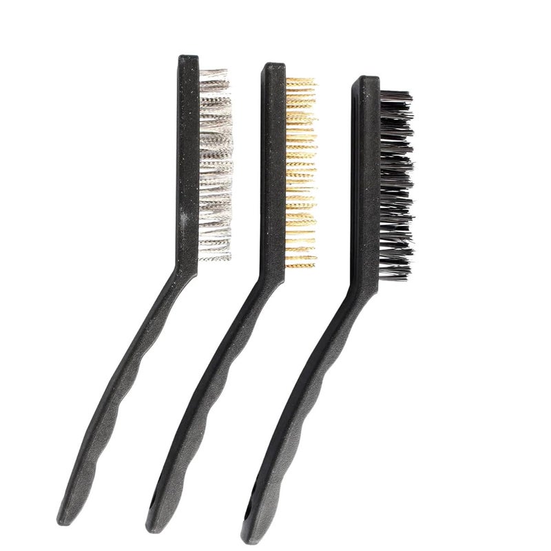 Wire Brush Set 3 Piece Curved Handle Nylon Brass Stainless Steel Bristles Cleaning Kit for Rust Paint Stain Removal Metal Grill Kitchen Workshop Black - Image 1