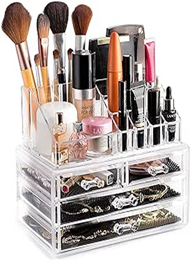 Masirs Clear Cosmetic Storage Organizer - Easily Organize Your Cosmetics, Jewelry and Hair Accessories. Looks Elegant Sitting on Your Vanity, Bathroom Counter or Dresser. Clear Design for Easy Visibility. 