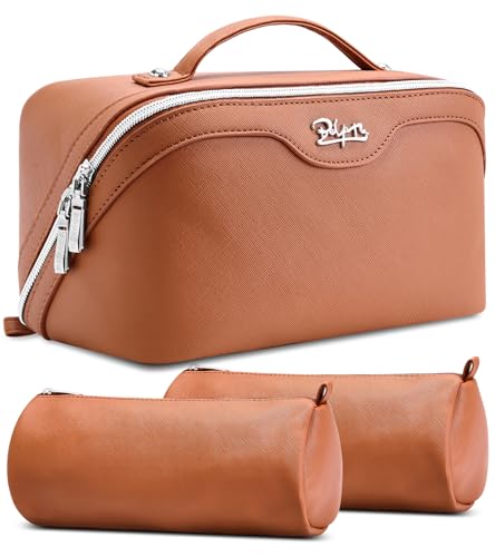 BOYATU Travel Makeup Bag Organizer Cosmetic Bag: 3 Pcs Set Make up Bags for Women with Handle - Waterproof Vegan Leather Toiletry Bags Travel Essentials Pouch with Compartments (C-02-Brown) - Image 1