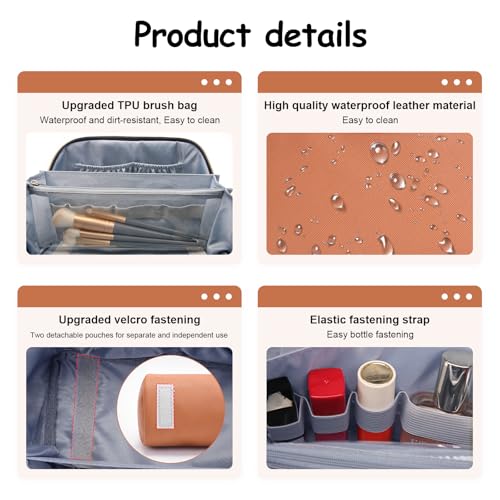 BOYATU Travel Makeup Bag Organizer Cosmetic Bag: 3 Pcs Set Make up Bags for Women with Handle - Waterproof Vegan Leather Toiletry Bags Travel Essentials Pouch with Compartments (C-02-Brown) - Image 5