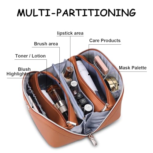 BOYATU Travel Makeup Bag Organizer Cosmetic Bag: 3 Pcs Set Make up Bags for Women with Handle - Waterproof Vegan Leather Toiletry Bags Travel Essentials Pouch with Compartments (C-02-Brown) - Image 3