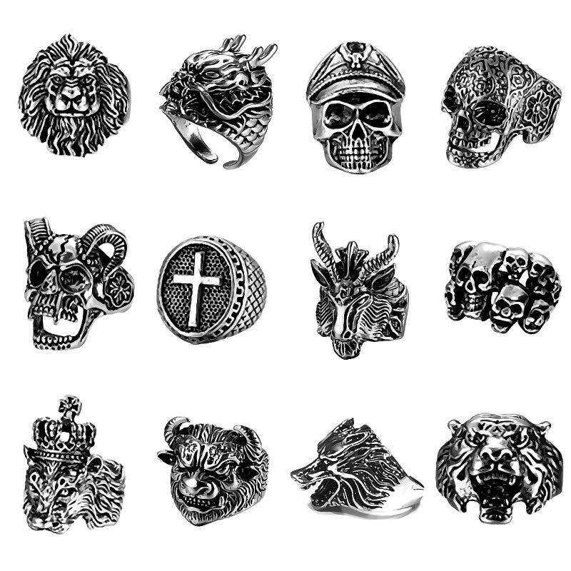MollyQueen 12 Pieces Vintage Punk Rings Set, Stainless Steel Gothic Biker Adjustable Rings Skeleton Skull Tiger Ring Drgon Lion Head Ring (12PCS) - Image 1