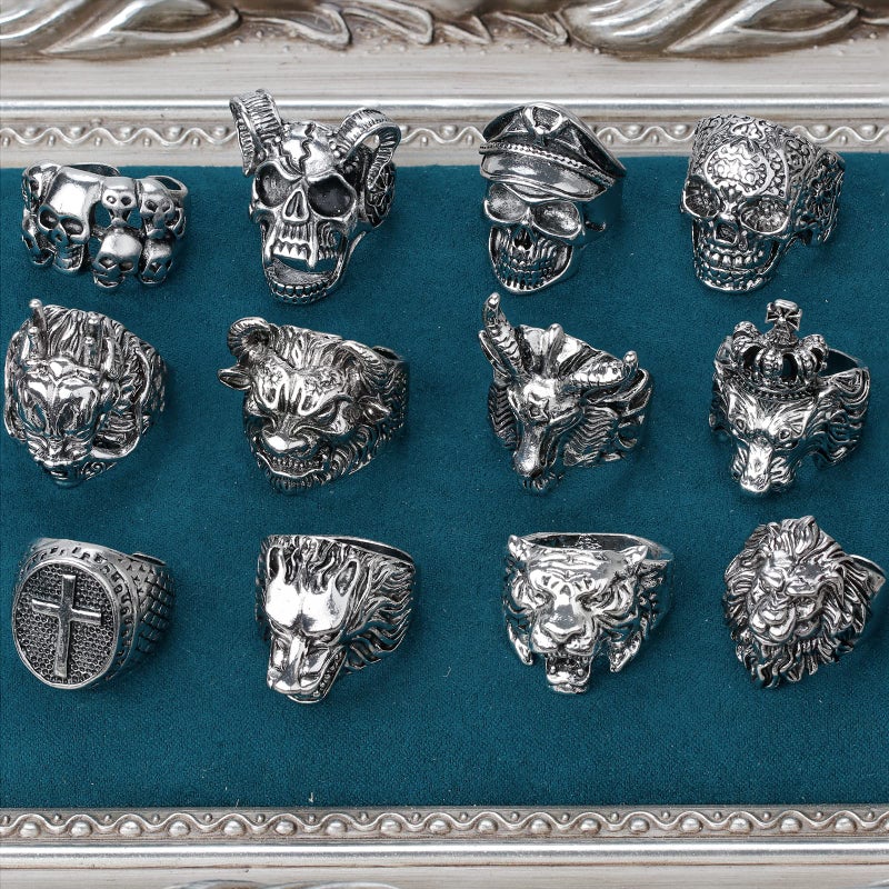 MollyQueen 12 Pieces Vintage Punk Rings Set, Stainless Steel Gothic Biker Adjustable Rings Skeleton Skull Tiger Ring Drgon Lion Head Ring (12PCS) - Image 4