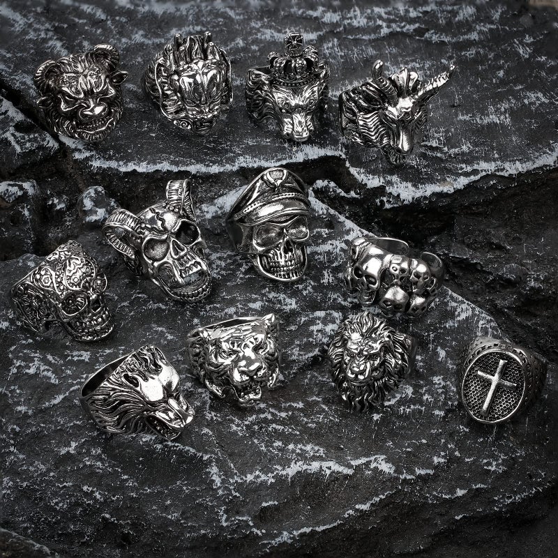 MollyQueen 12 Pieces Vintage Punk Rings Set, Stainless Steel Gothic Biker Adjustable Rings Skeleton Skull Tiger Ring Drgon Lion Head Ring (12PCS) - Image 3