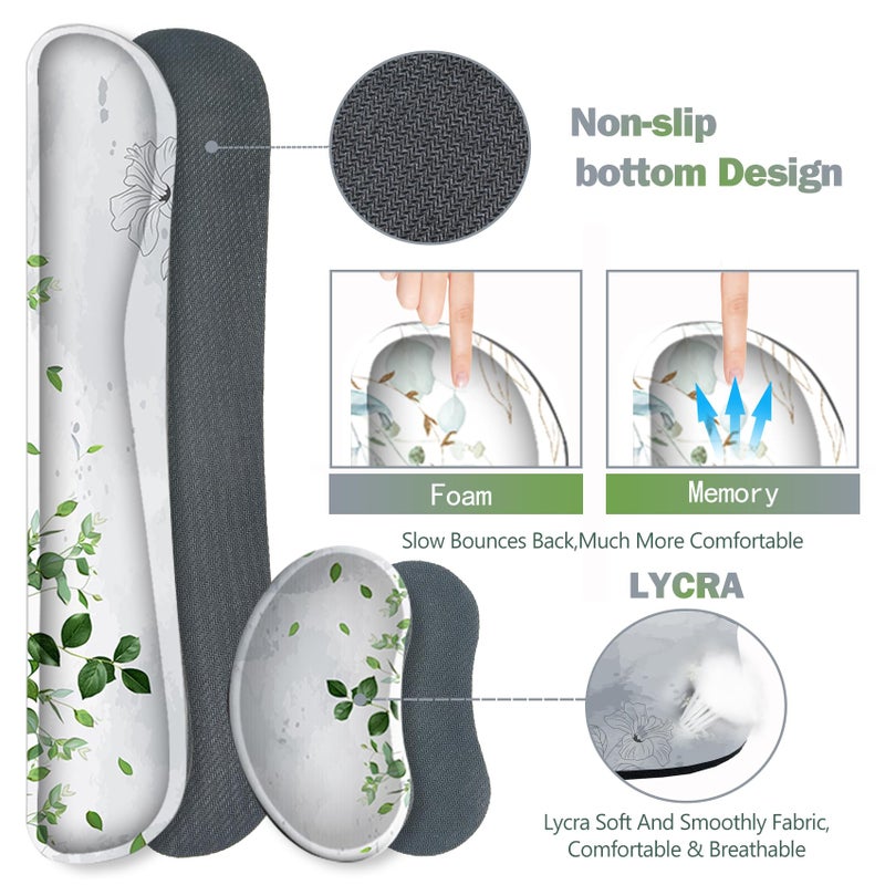 ARTSO Gaming Mouse Pad Wrist Support Set, XXL Large Desk Mat Mousepad + Keyboard Wrist Support+ Mouse Wrist Rest+Coaster 4in1 Ergonomic, Memory Foam -Green Leaves and Line Flower - Image 5