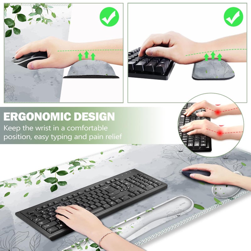 ARTSO Gaming Mouse Pad Wrist Support Set, XXL Large Desk Mat Mousepad + Keyboard Wrist Support+ Mouse Wrist Rest+Coaster 4in1 Ergonomic, Memory Foam -Green Leaves and Line Flower - Image 3