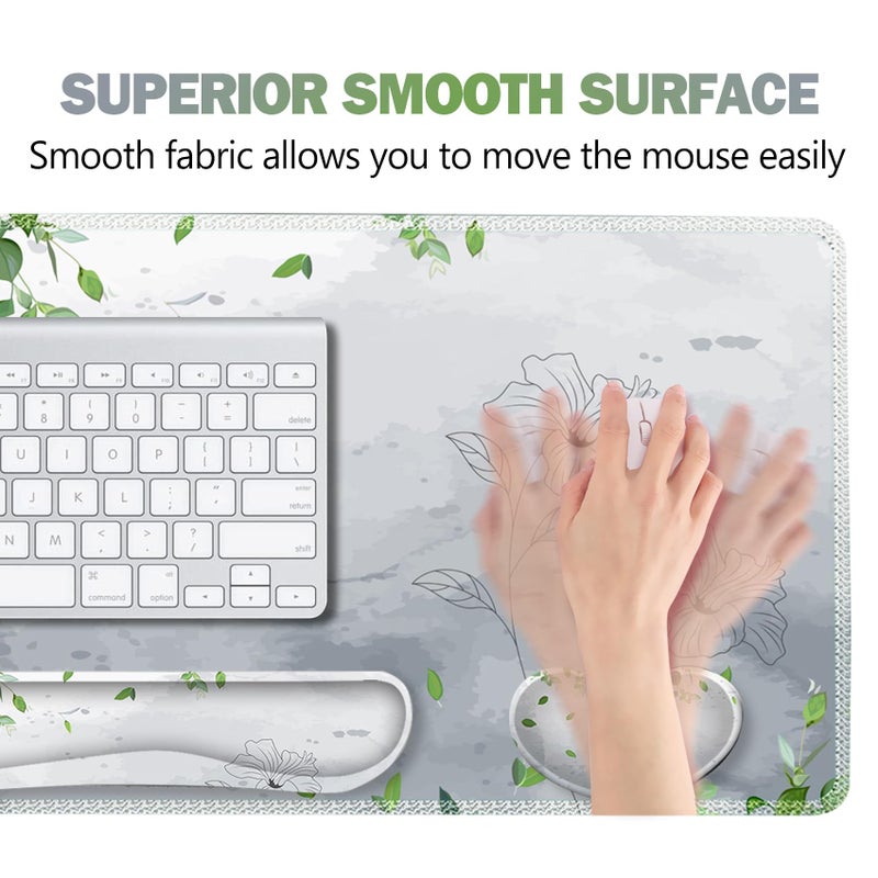 ARTSO Gaming Mouse Pad Wrist Support Set, XXL Large Desk Mat Mousepad + Keyboard Wrist Support+ Mouse Wrist Rest+Coaster 4in1 Ergonomic, Memory Foam -Green Leaves and Line Flower - Image 4