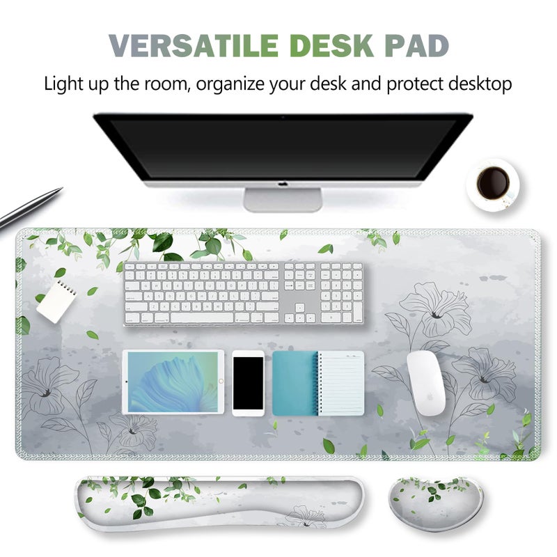 ARTSO Gaming Mouse Pad Wrist Support Set, XXL Large Desk Mat Mousepad + Keyboard Wrist Support+ Mouse Wrist Rest+Coaster 4in1 Ergonomic, Memory Foam -Green Leaves and Line Flower - Image 2