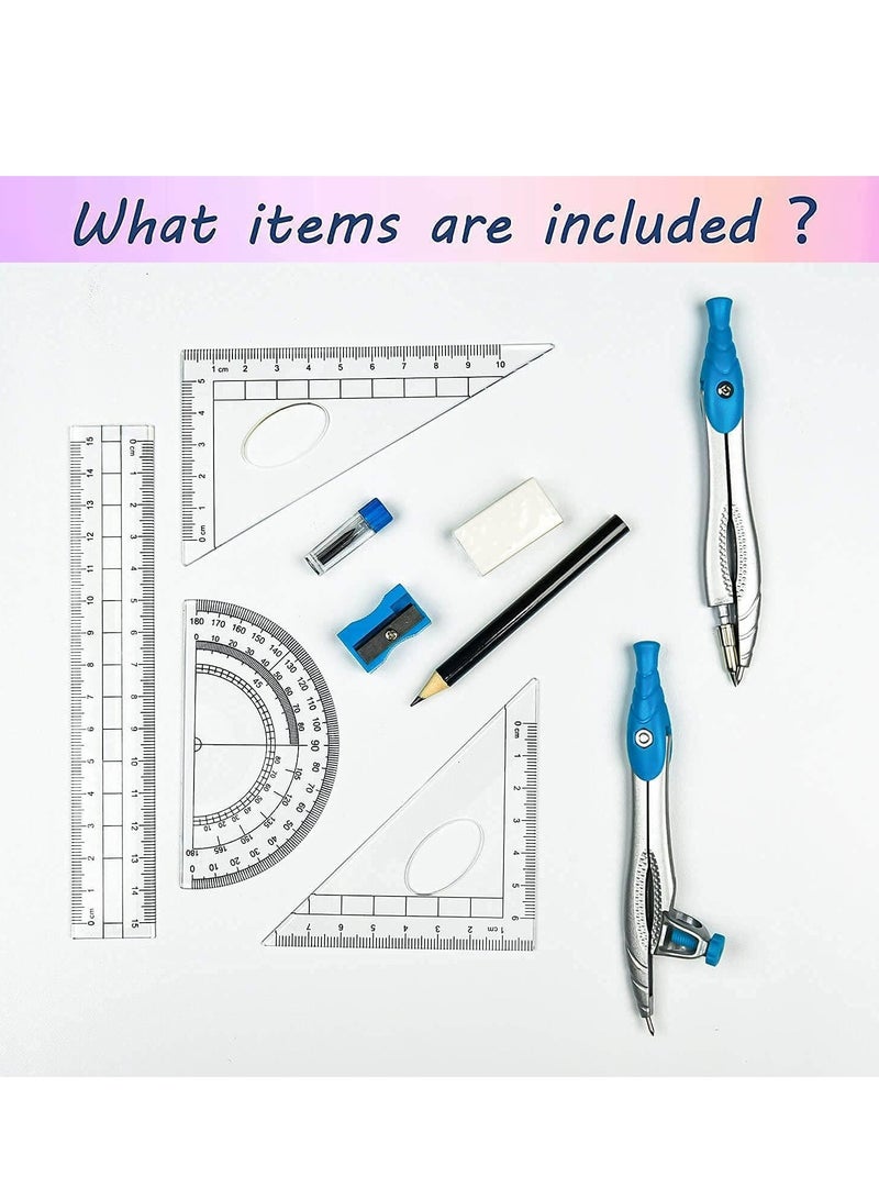 Math Geometry Kit Sets, 10 Pcs Protractor and Compass Set Includes Rulers for Students(Blue) - Image 4