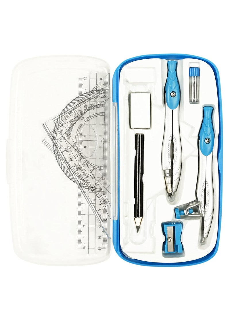 Math Geometry Kit Sets, 10 Pcs Protractor and Compass Set Includes Rulers for Students(Blue) - Image 1