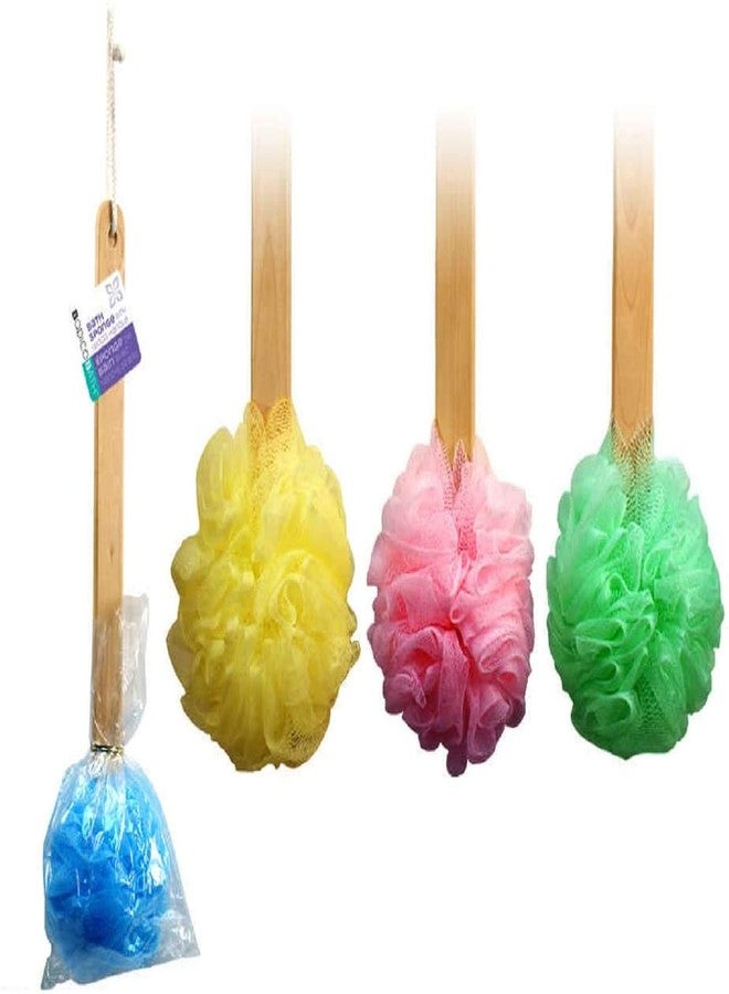 Bodico 4pk 15" Long Wooden Handle Back Scrubber Bath Shower Mesh Sponge Exfoliating Body Brush Wash Nylon Puff Spa - Image 1