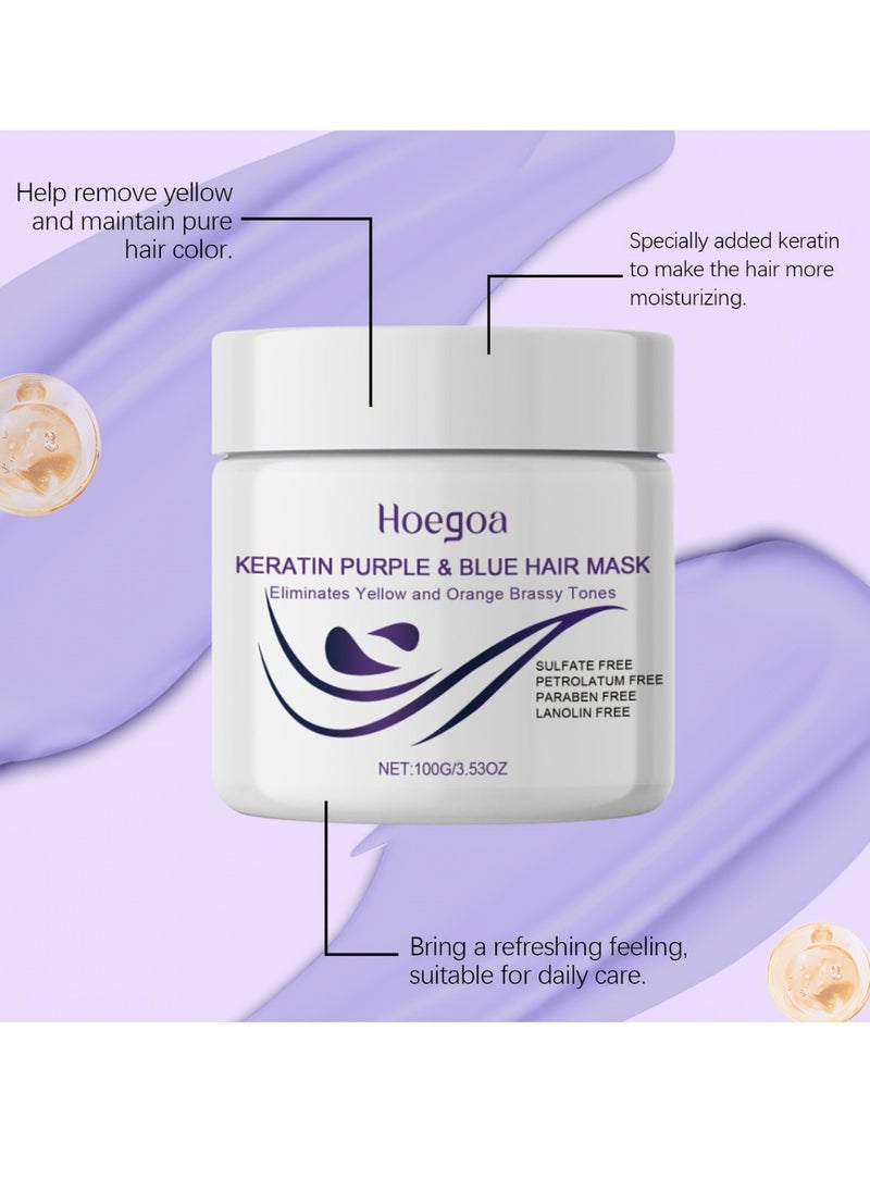 HOEGOA 100g Keratin Purple and Blue Hair Mask Violet Blue Protein Deep Conditioner Treatment Toner for Blonde Platinum Silver Gray Ash or Brown Colored Dry and Damaged Brassy Hair Moisturizing Gel for Dry Hair Keratin Purple Hair Mask Hair Cream  - Image 5