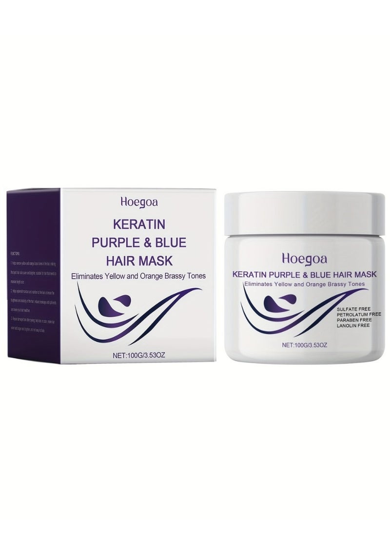 HOEGOA 100g Keratin Purple and Blue Hair Mask Violet Blue Protein Deep Conditioner Treatment Toner for Blonde Platinum Silver Gray Ash or Brown Colored Dry and Damaged Brassy Hair Moisturizing Gel for Dry Hair Keratin Purple Hair Mask Hair Cream  - Image 2