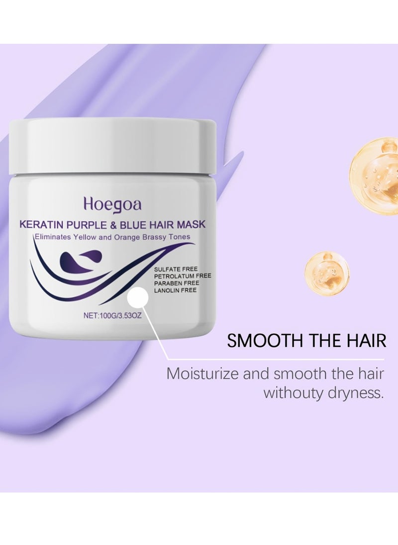 HOEGOA 100g Keratin Purple and Blue Hair Mask Violet Blue Protein Deep Conditioner Treatment Toner for Blonde Platinum Silver Gray Ash or Brown Colored Dry and Damaged Brassy Hair Moisturizing Gel for Dry Hair Keratin Purple Hair Mask Hair Cream  - Image 4