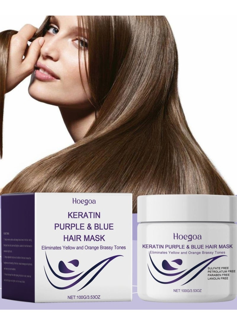 HOEGOA 100g Keratin Purple and Blue Hair Mask Violet Blue Protein Deep Conditioner Treatment Toner for Blonde Platinum Silver Gray Ash or Brown Colored Dry and Damaged Brassy Hair Moisturizing Gel for Dry Hair Keratin Purple Hair Mask Hair Cream  - Image 3