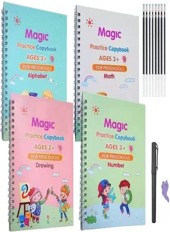 HOTFIX Magic Practice Copybook Set Practical Reusable Writing Tool 4 Books Maths+Drawing+Alphabet+Number (4 Books + 1 Pen + 8 Refills + 1 Grip) - Image 1