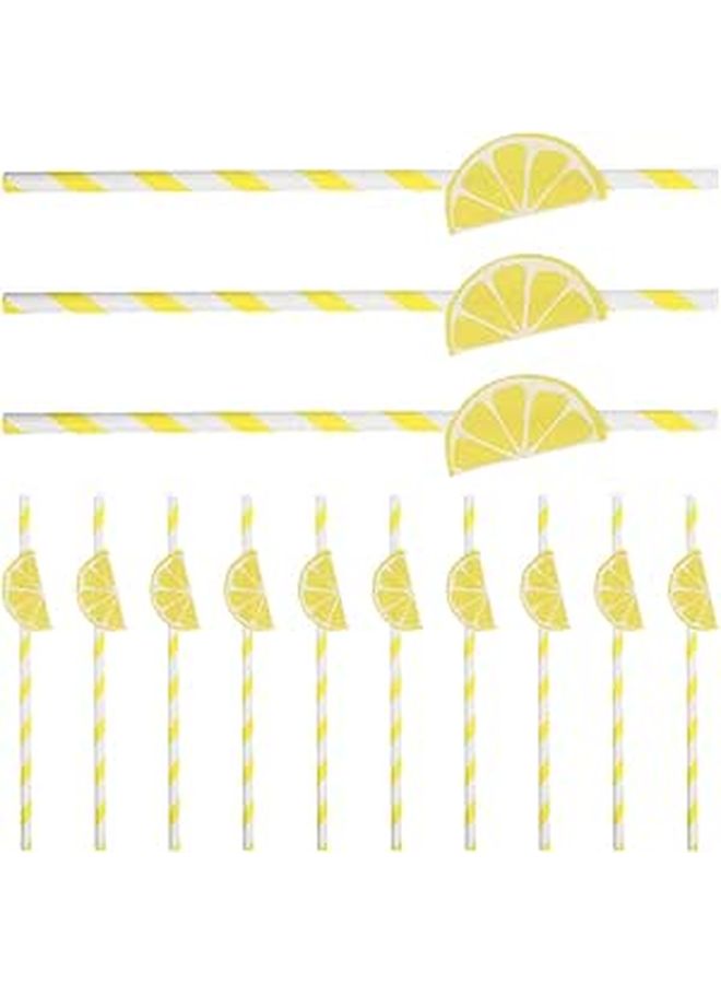 40 Biodegradable Lemon Stripe Paper Straws for Party Drinks Cocktail Juice Summer - Image 1