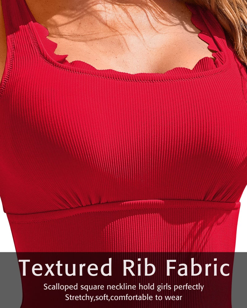 Charmo Womens Ribbed Scalloped One Piece Bathing Suits Cute Square Neck Retro Swimsuits Red M - Image 4