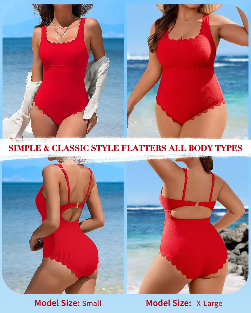 Charmo Womens Ribbed Scalloped One Piece Bathing Suits Cute Square Neck Retro Swimsuits Red M - Image 5