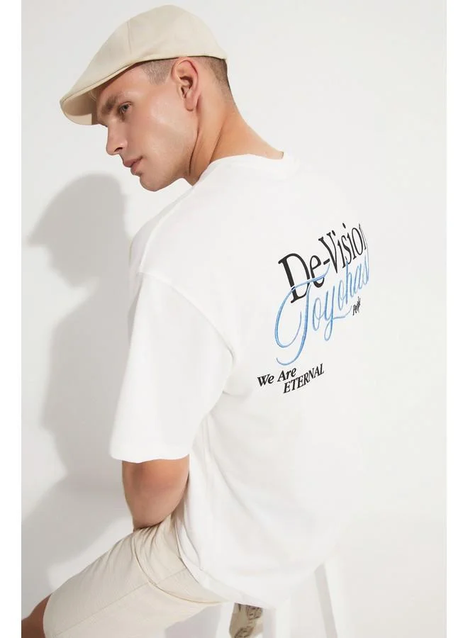 جون June Men Oversize Pattern Crew Neck Striped Tshirt White