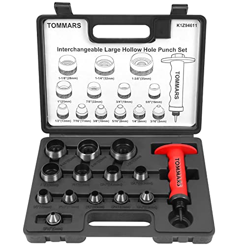 TOMMARS Hollow Punch Kit with Pin Point Punch Shaft Hole Cutter Set Gasket Punch Tools Gasket Cutter 14 PCS 5mm-35mm 3/16" to 1-3/8" - Image 1