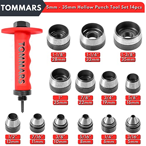 TOMMARS Hollow Punch Kit with Pin Point Punch Shaft Hole Cutter Set Gasket Punch Tools Gasket Cutter 14 PCS 5mm-35mm 3/16" to 1-3/8" - Image 2