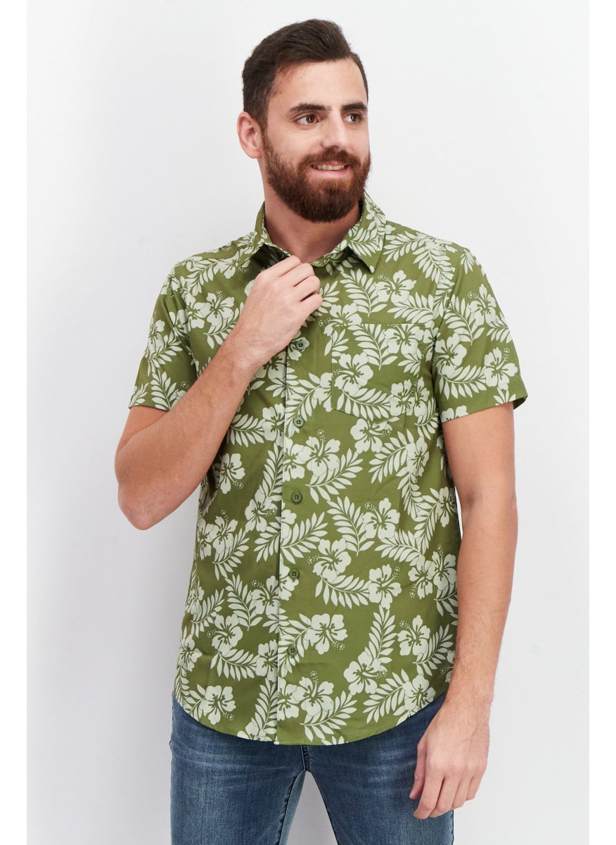 Beach Bros Men Regular Fit Short Sleeves Floral Print Casual Shirt, Olive  - Image 1