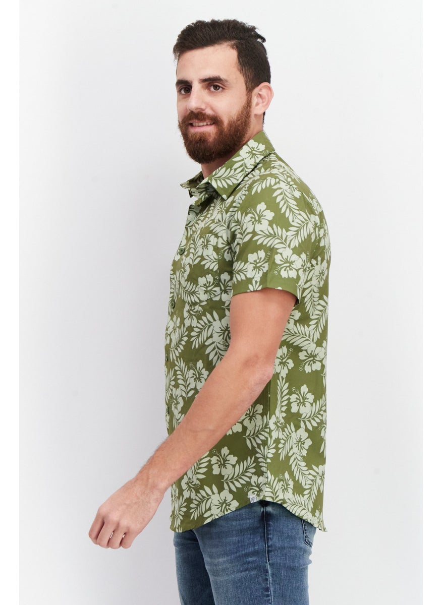 Beach Bros Men Regular Fit Short Sleeves Floral Print Casual Shirt, Olive  - Image 3