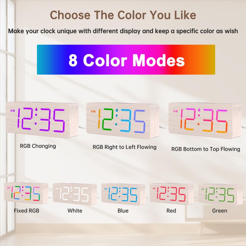 DreamSky Wooden Digital Clock for Bedroom Desk - RGB Loud Alarm Clock for Heavy Sleepers with Volume Control, Large Numbers with Dimmer for Living Room Office, Wood Decor (Plug in Clock) - Image 2