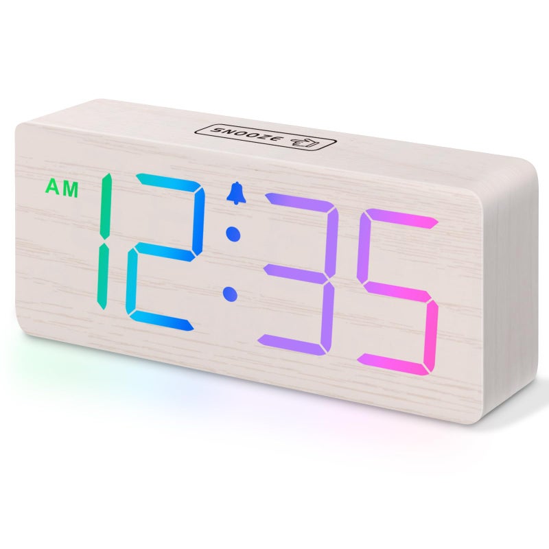 DreamSky Wooden Digital Clock for Bedroom Desk - RGB Loud Alarm Clock for Heavy Sleepers with Volume Control, Large Numbers with Dimmer for Living Room Office, Wood Decor (Plug in Clock) - Image 1