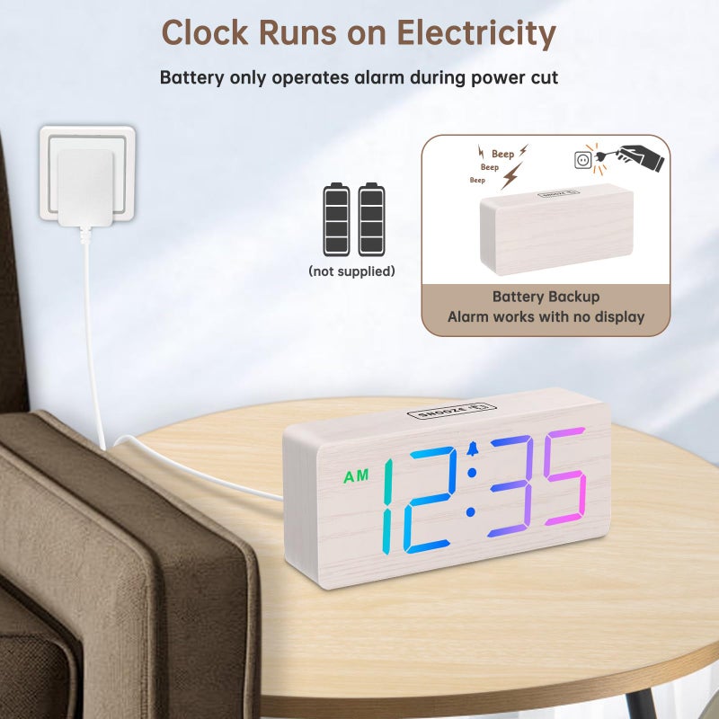 DreamSky Wooden Digital Clock for Bedroom Desk - RGB Loud Alarm Clock for Heavy Sleepers with Volume Control, Large Numbers with Dimmer for Living Room Office, Wood Decor (Plug in Clock) - Image 3