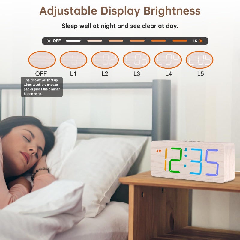 DreamSky Wooden Digital Clock for Bedroom Desk - RGB Loud Alarm Clock for Heavy Sleepers with Volume Control, Large Numbers with Dimmer for Living Room Office, Wood Decor (Plug in Clock) - Image 5