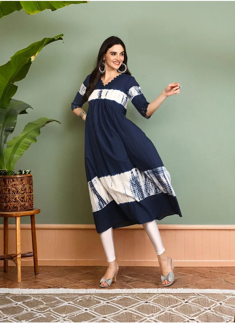 آي شين Women's Indigo 100% Cotton Printed Tunic Straight Fit Kurta