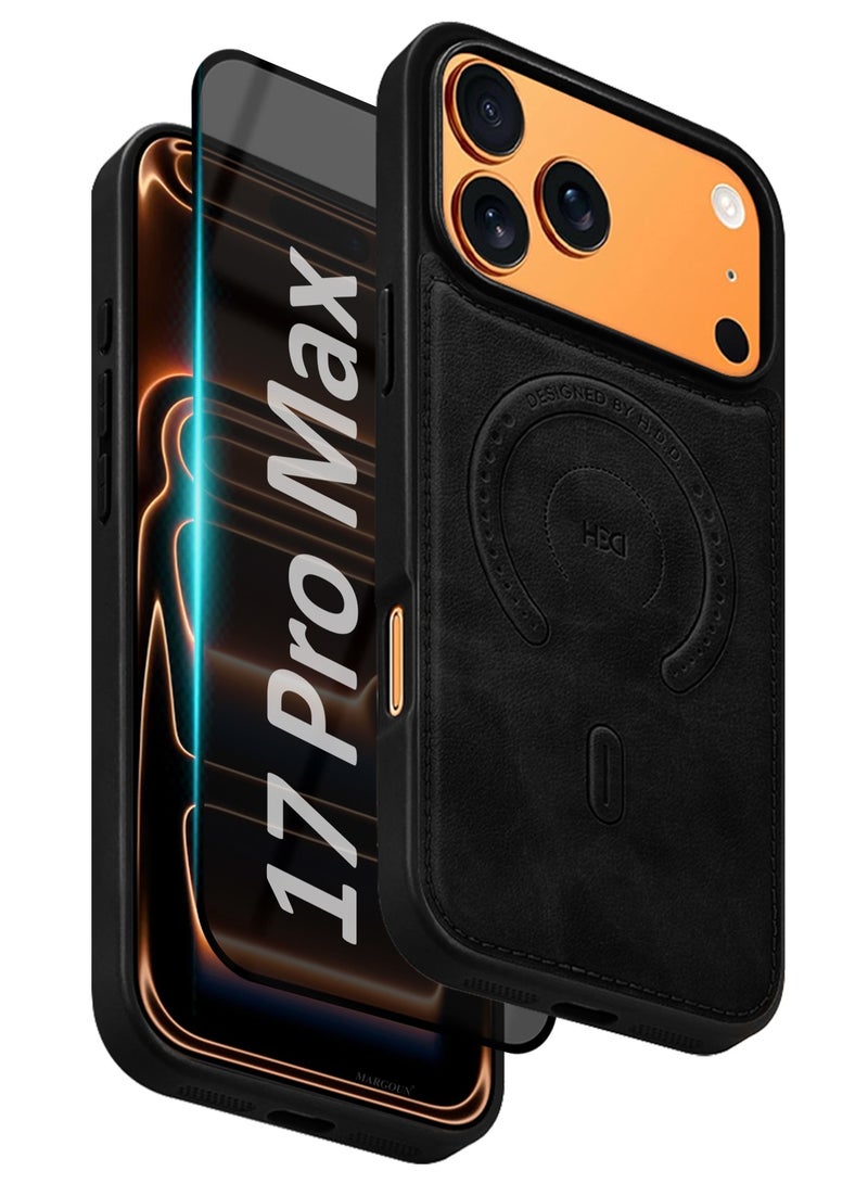 HDD Premium Leather Case and Screen Protector Compatible with iPhone 17 Pro Max, Slim MagSafe Shockproof Protective Cover with Metallic Camera Ring & Tactile Buttons – Black - Image 1
