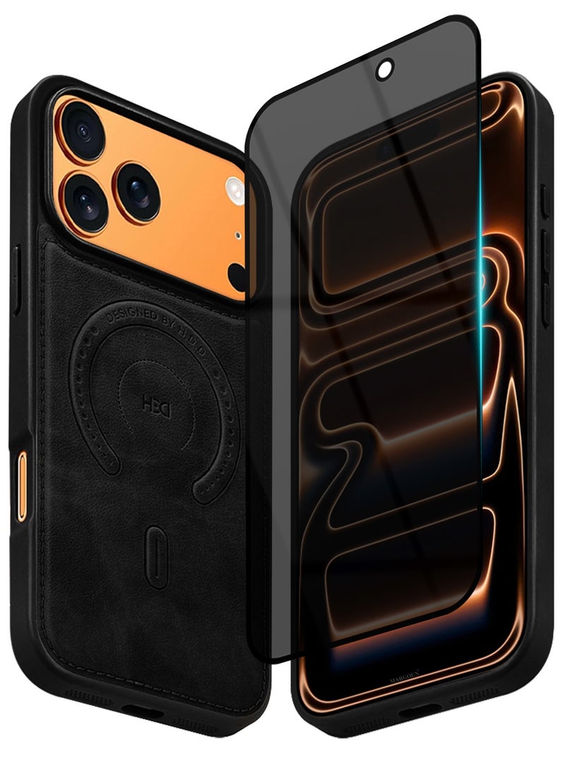 HDD Premium Leather Case and Screen Protector Compatible with iPhone 17 Pro Max, Slim MagSafe Shockproof Protective Cover with Metallic Camera Ring & Tactile Buttons – Black - Image 2