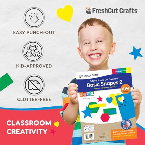 FreshCut Crafts Basic Shapes 2: Hearts, Stars, Hexagons, Rectangles, 696 Pieces US Made Card Stock Punch Out Geometric Shapes in 3 Sizes and 4 Primary Colors for Math, Pattern Play and DIY Crafting - Image 5